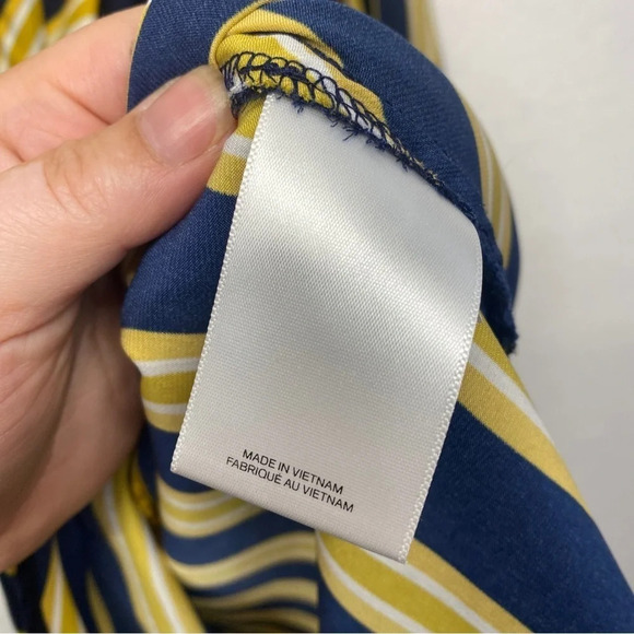Express Stripe Satin Tunic Blouse Navy Yellow S Petite - Picture 3 of 6